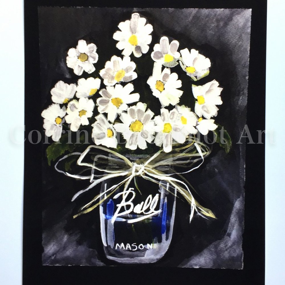 Watercolor print of Ball Jar vase of daisies, art